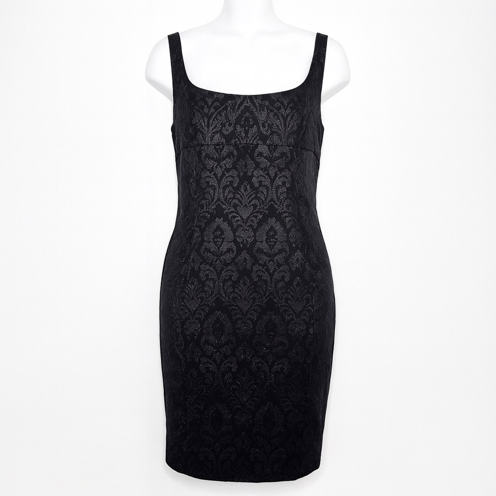 JS‎ Signature Black Brocade Jacquard Dress Size 12 Square Neck Sheath Red Accent
